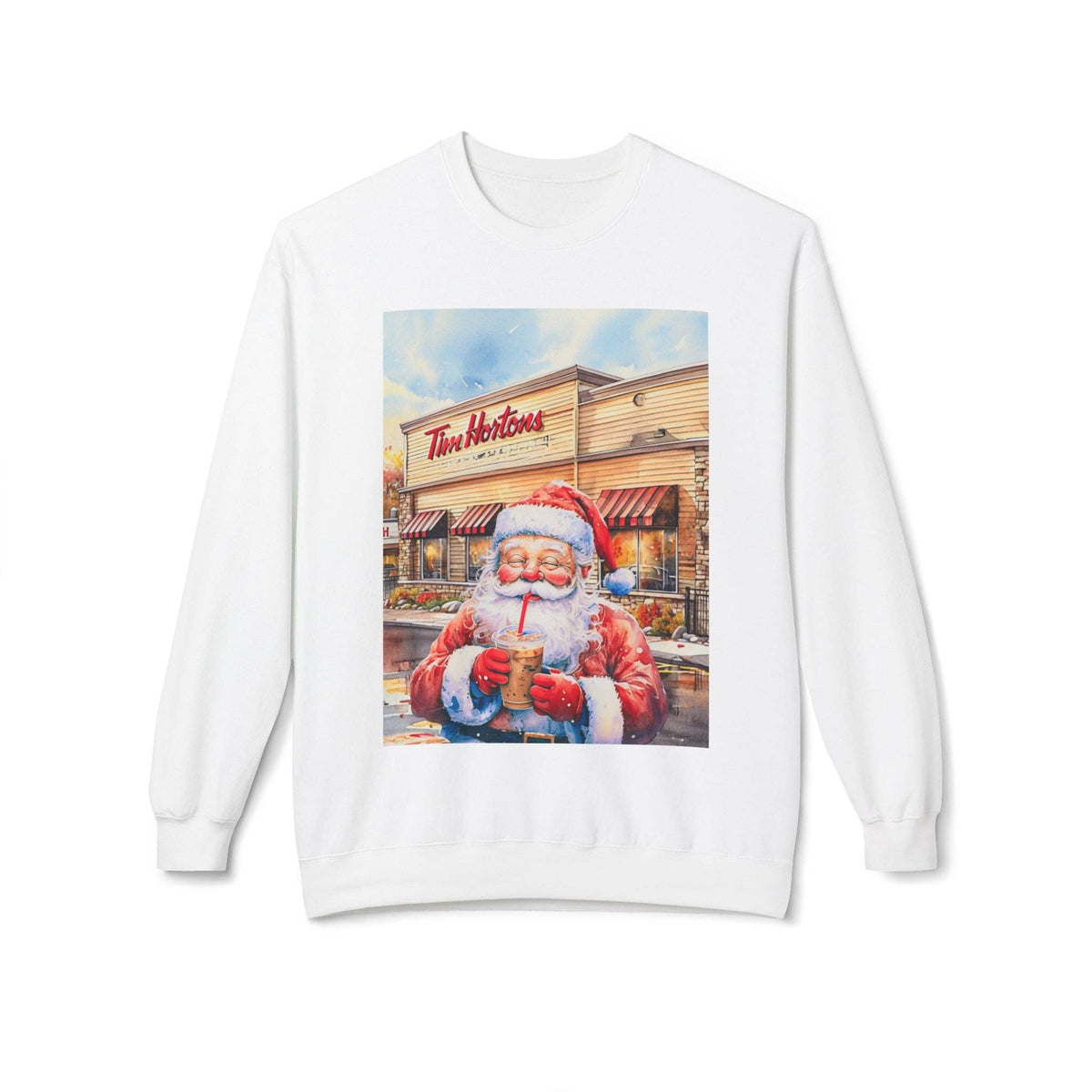 Santa with an Iced Coffee at Tim Horton's Cozy Unisex Christmas Crewneck Sweatshirt