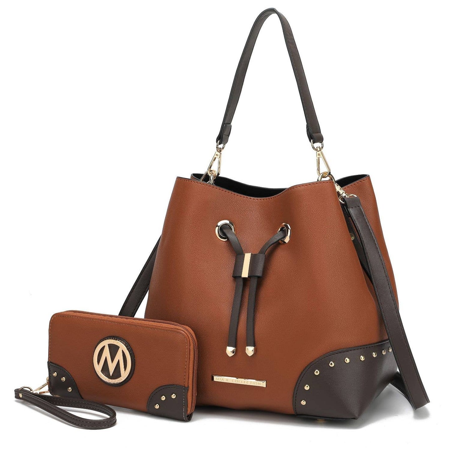 Candice Color Block Bucket Bag with matching Wallet by Mia K: Beige Coffee