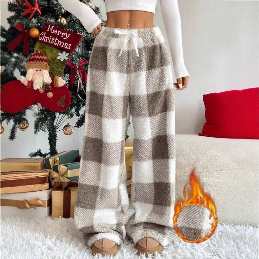 Women Drawstring Flared Plaid Print Wide Leg Casual Pants