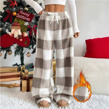Women Drawstring Flared Plaid Print Wide Leg Casual Pants
