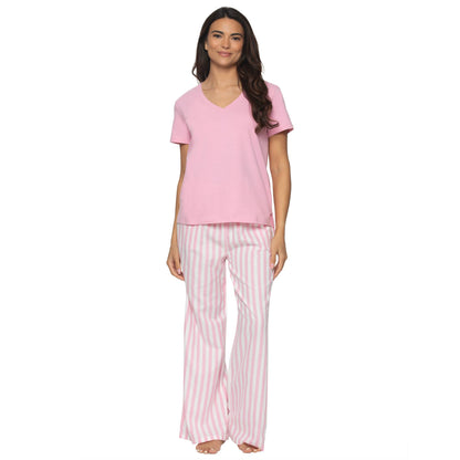 Mirielle Cotton Twill S/S V-neck and Pant PJ Set - Sea Pink