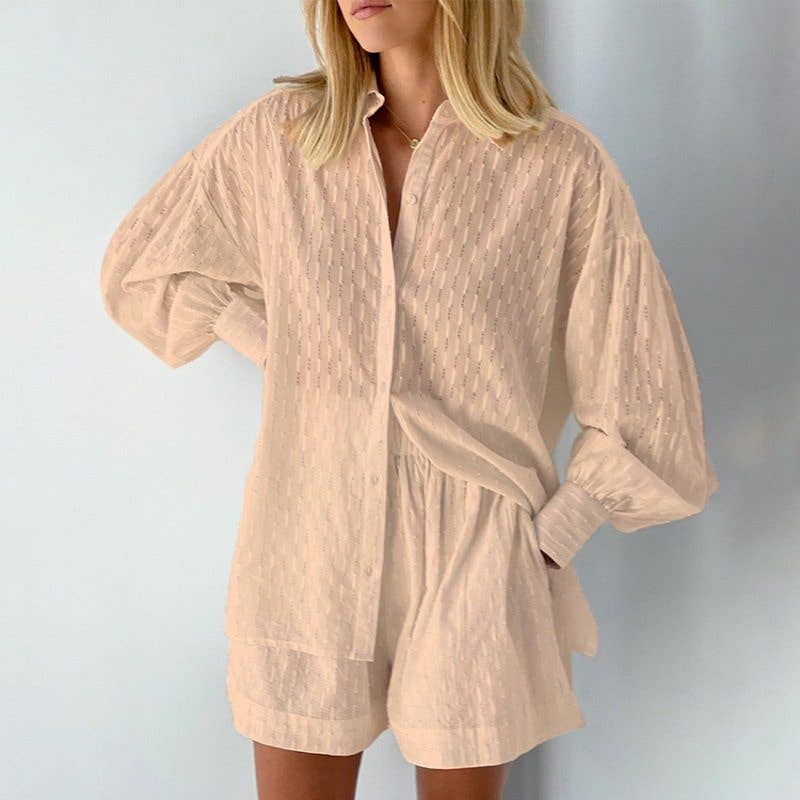 Summer Women's Blouse Bubble Sleeve Shorts Set