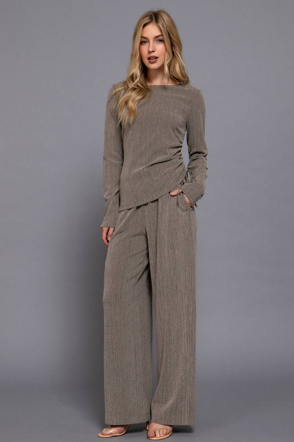 Long Sleeve Round Neck Side Ruched Two Tone Texture Knit Top