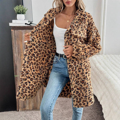 Women Oversized Leopard Print Faux Fur Mid-Length Coat