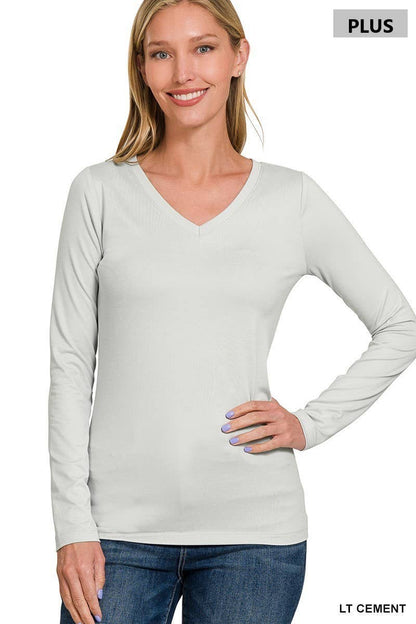 Plus Size Brushed Microfiber Long Sleeve V-neck Tee