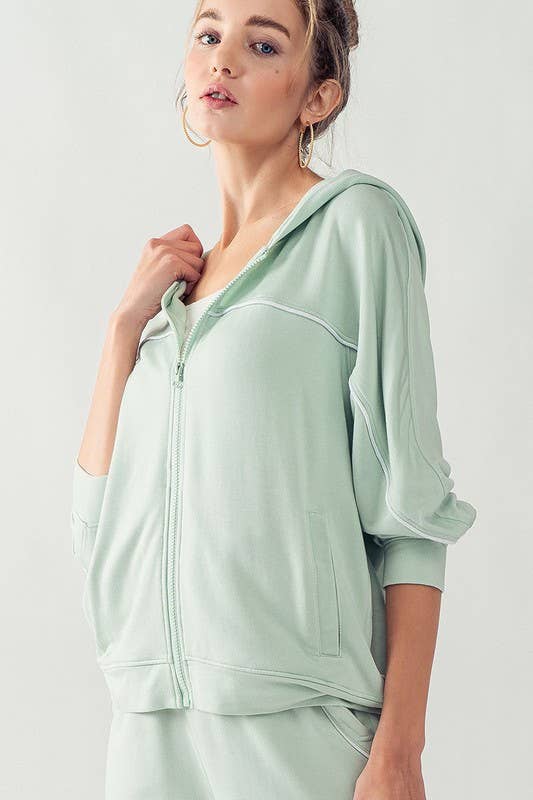 KJR11898 HOODED ZIP UP OUTER SEAM SWEATER: SURF SPRAY / S-2/M-2/L-2