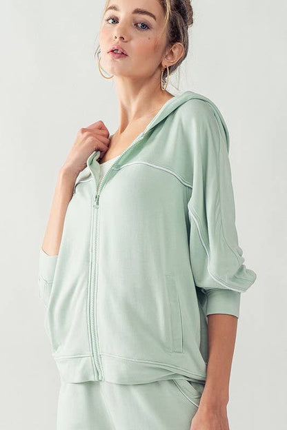 KJR11898 HOODED ZIP UP OUTER SEAM SWEATER: SURF SPRAY / S-2/M-2/L-2