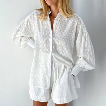 Summer Women's Blouse Bubble Sleeve Shorts Set