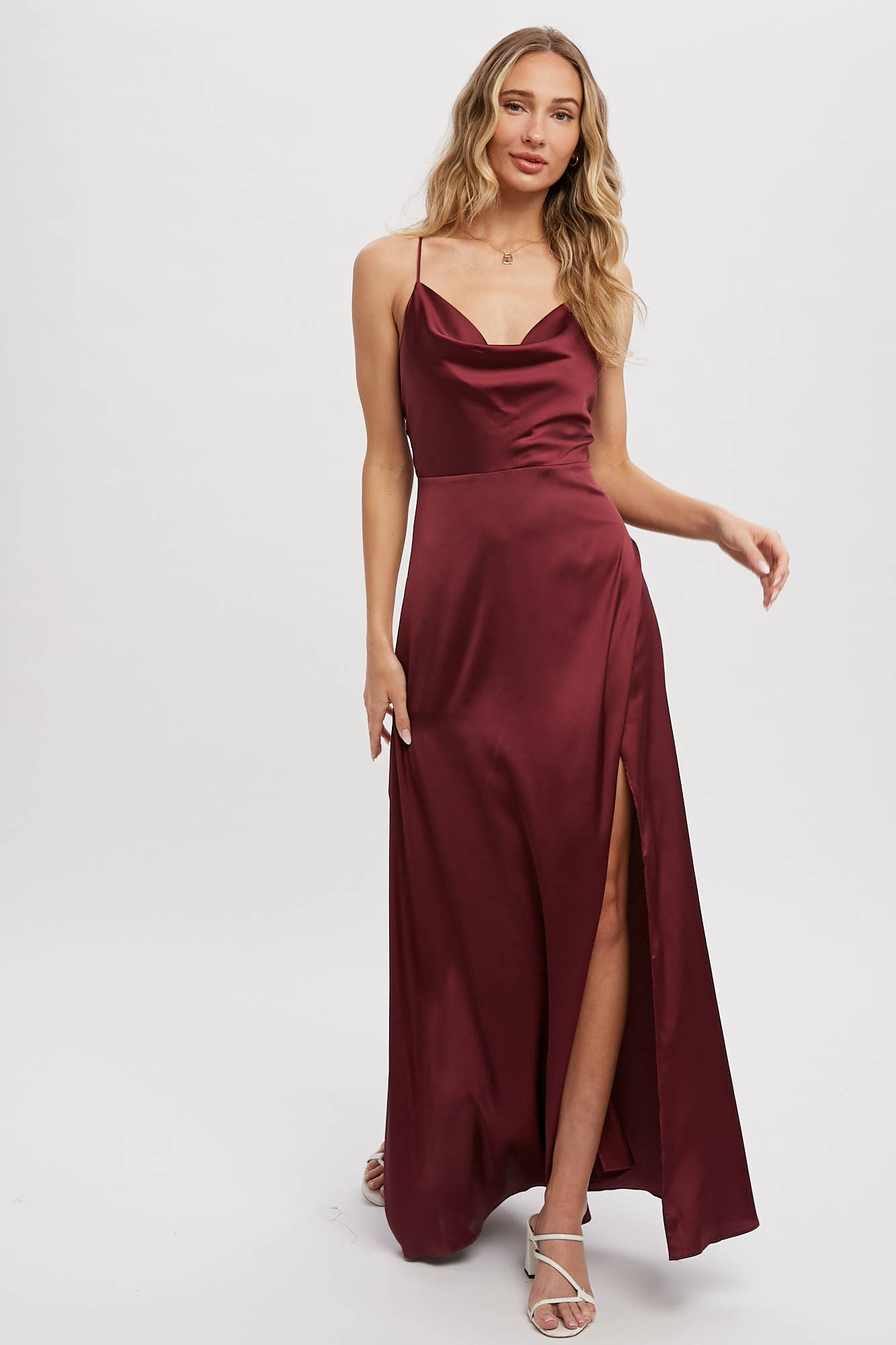 DRAPE NECK SILKY MAXI DRESS: PLUM / L