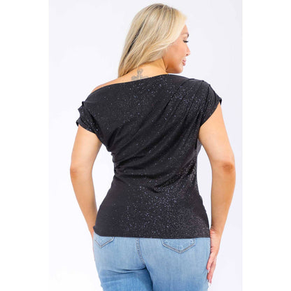 PLUS SIZE GLITTER OFF SHOULDER RUCHED SLEEVE TOP