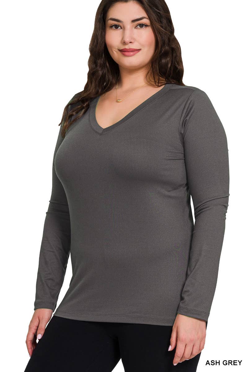 Plus Size Brushed Microfiber Long Sleeve V-neck Tee