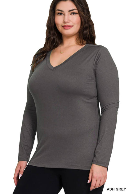 Plus Size Brushed Microfiber Long Sleeve V-neck Tee