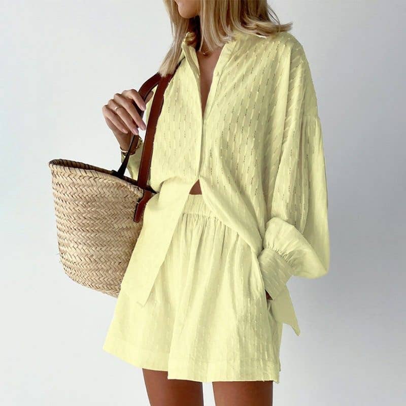 Summer Women's Blouse Bubble Sleeve Shorts Set