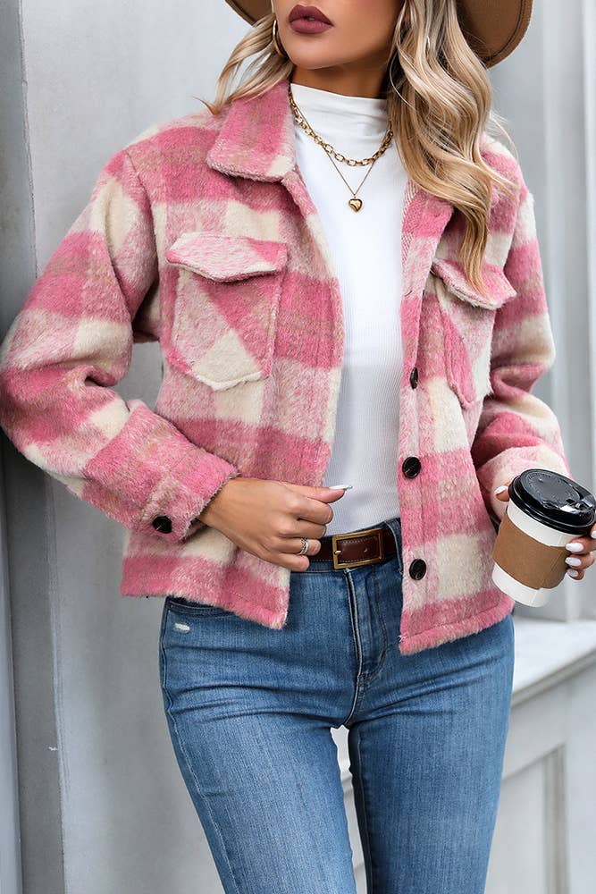 Plaid Button Pockets Fleece Shacket GZDY016