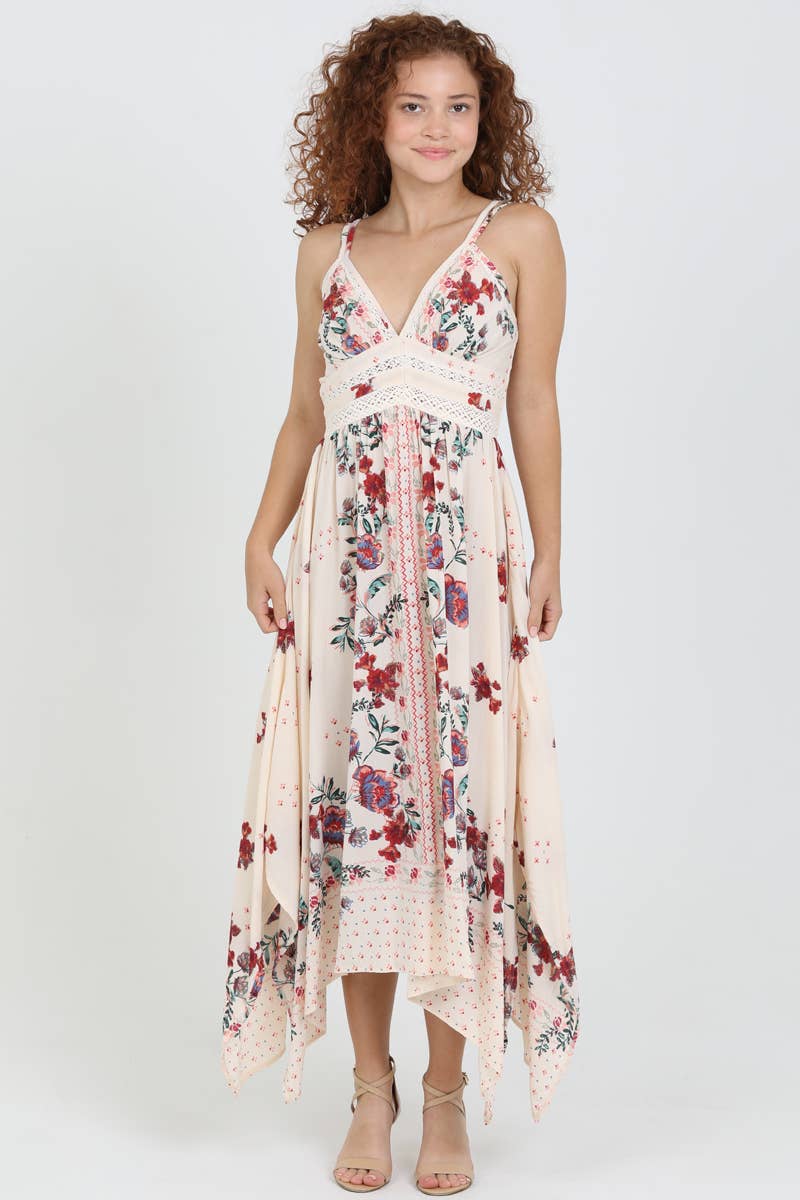 C4B17-A652 V NECK HANKY HEM MIDI DRESS WITH LACE WAIST