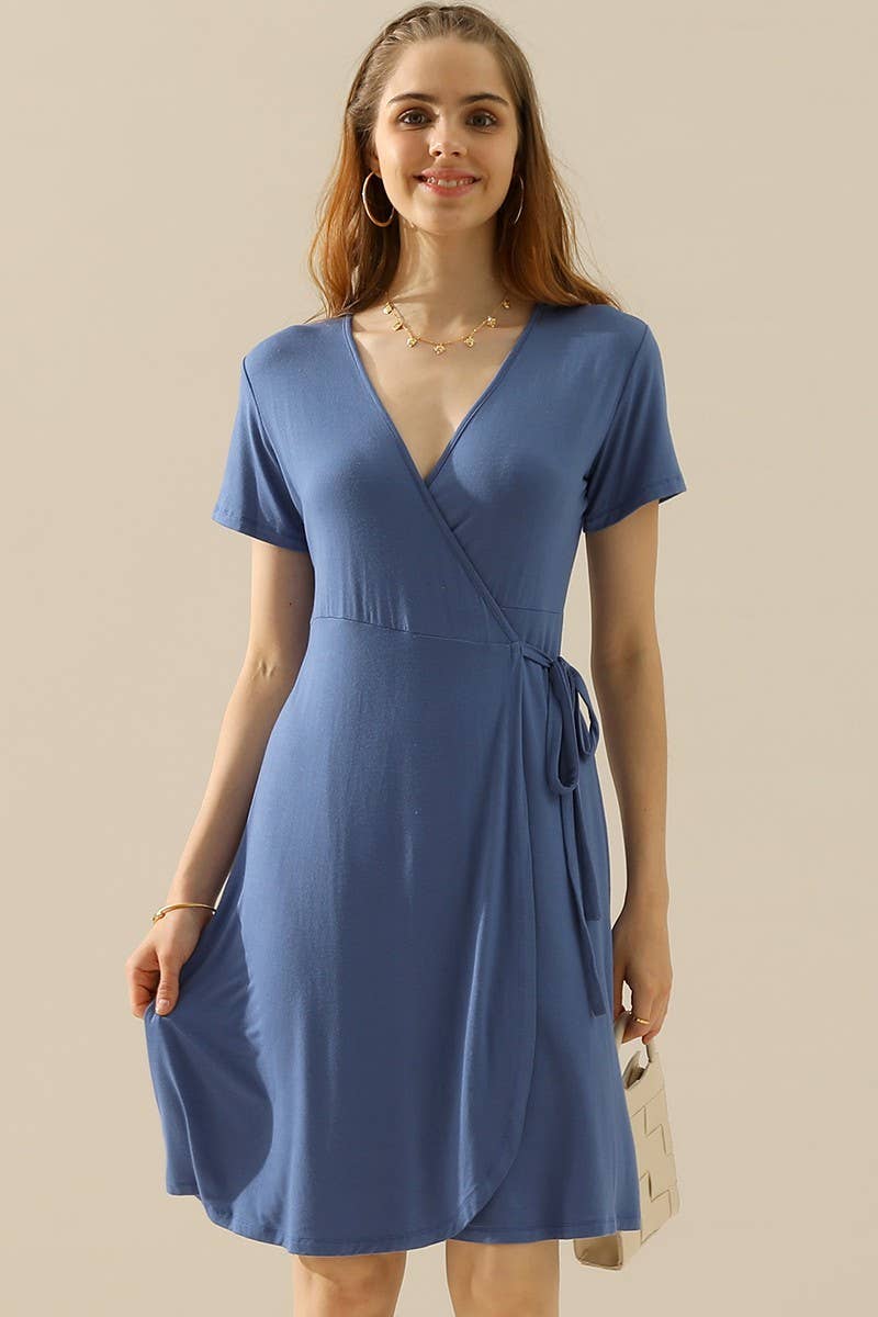 CWDSD10372_V NECK CASUALSHORT SLEEVE WRAP DRESSES