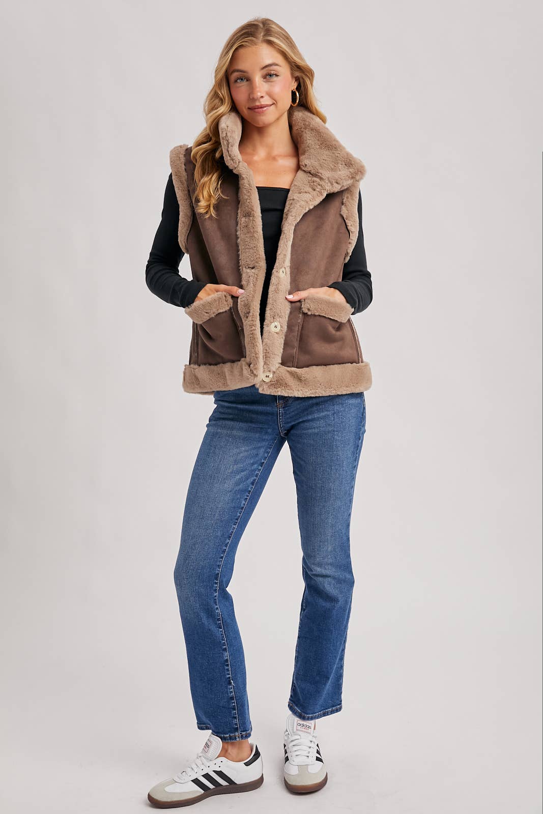 FAUX SUEDE WITH FAUX SHEARLING LINING TRIM VEST
