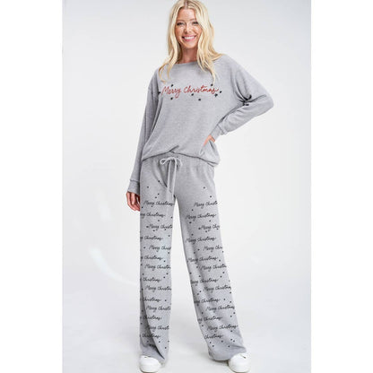 Merry Christmas print soft lounge wear set: Heather Grey / M
