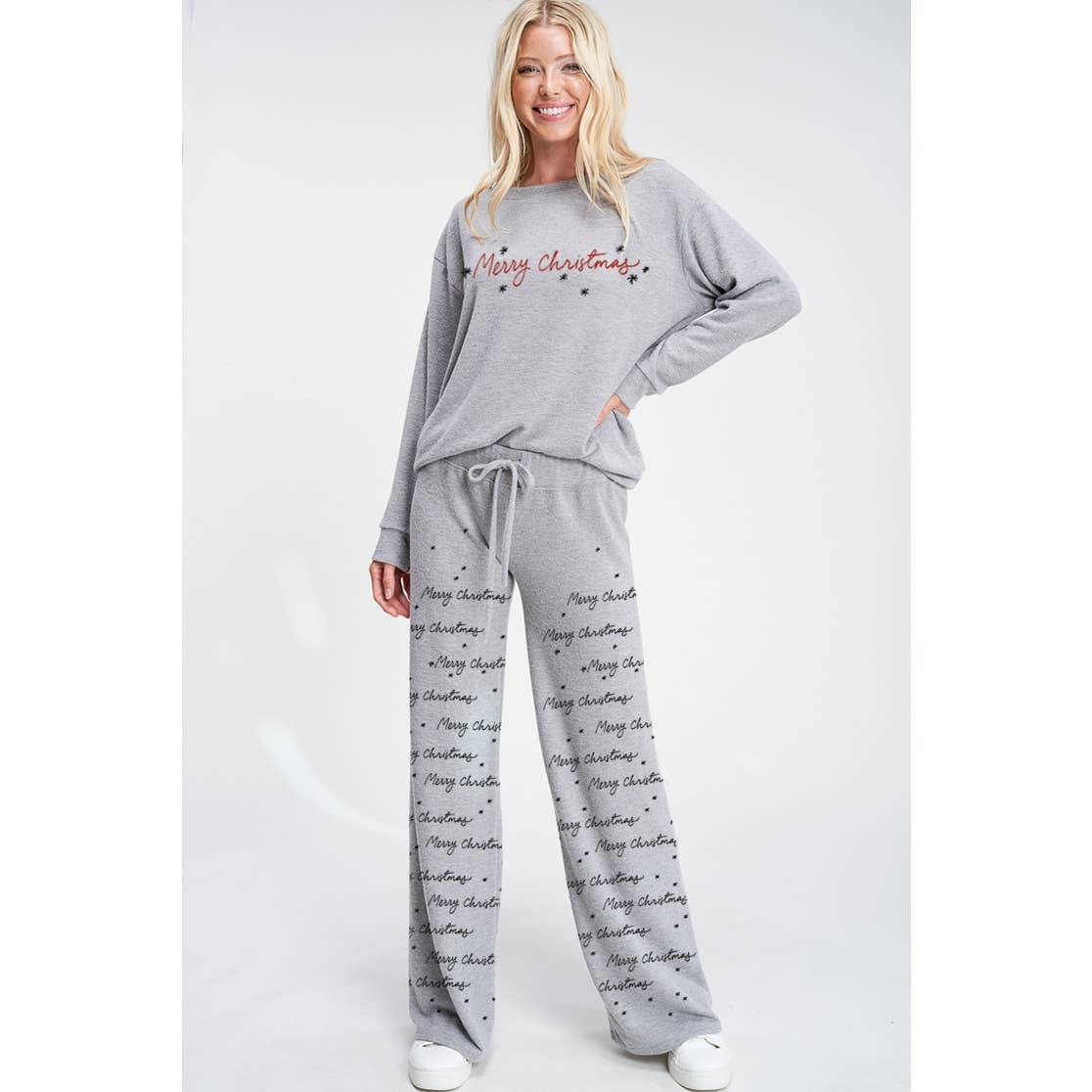 Merry Christmas print soft lounge wear set: Heather Grey / S