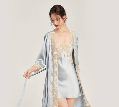 Mulberry Silk Night Gown Robes with Babydoll Pajamas Set: Blue / L