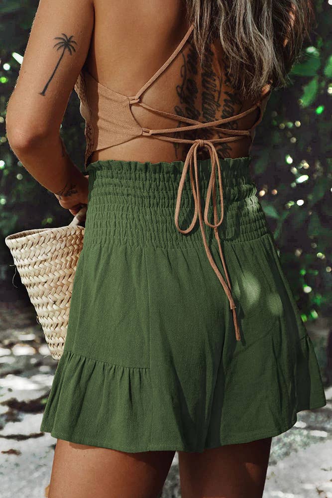 HIgh Waist Tie Knot Ruffle Shorts ZZKF774: Khaki / L