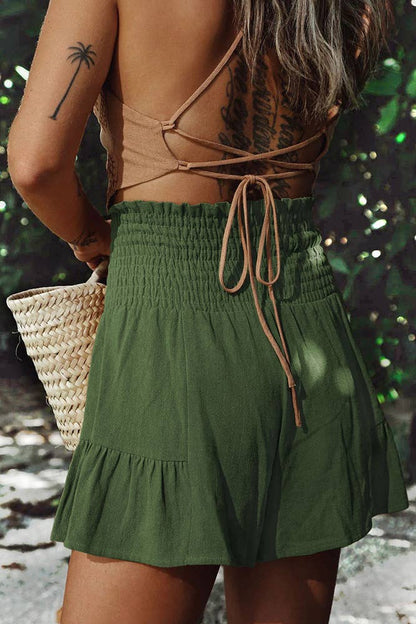 HIgh Waist Tie Knot Ruffle Shorts ZZKF774: Khaki / XL