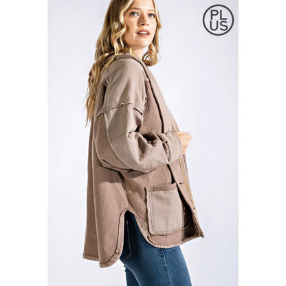 PLUS COTTON FRENCH TERRY MINERAL WASHED JACKET: Mocha / 1X