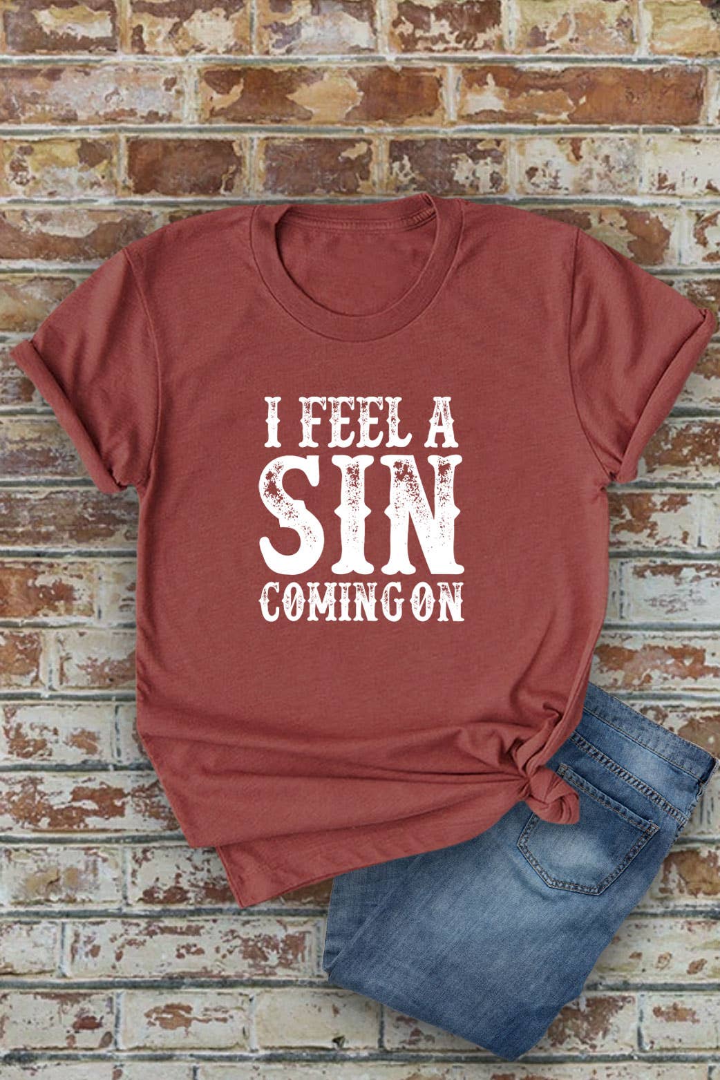 I Feel a SIN Coming On, small UNISEX Round Neck T-Shirt: Black / S