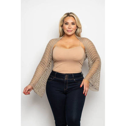PLUS SIZE FISHNET LONG SLEEVE OPEN FRONT CROPPED BOLERO CARD