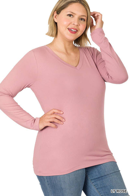 Plus Size Brushed Microfiber Long Sleeve V-neck Tee