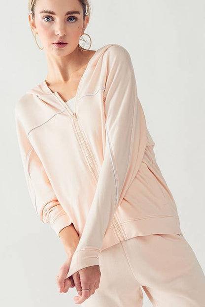 KJR11898 HOODED ZIP UP OUTER SEAM SWEATER: SURF SPRAY / S-2/M-2/L-2