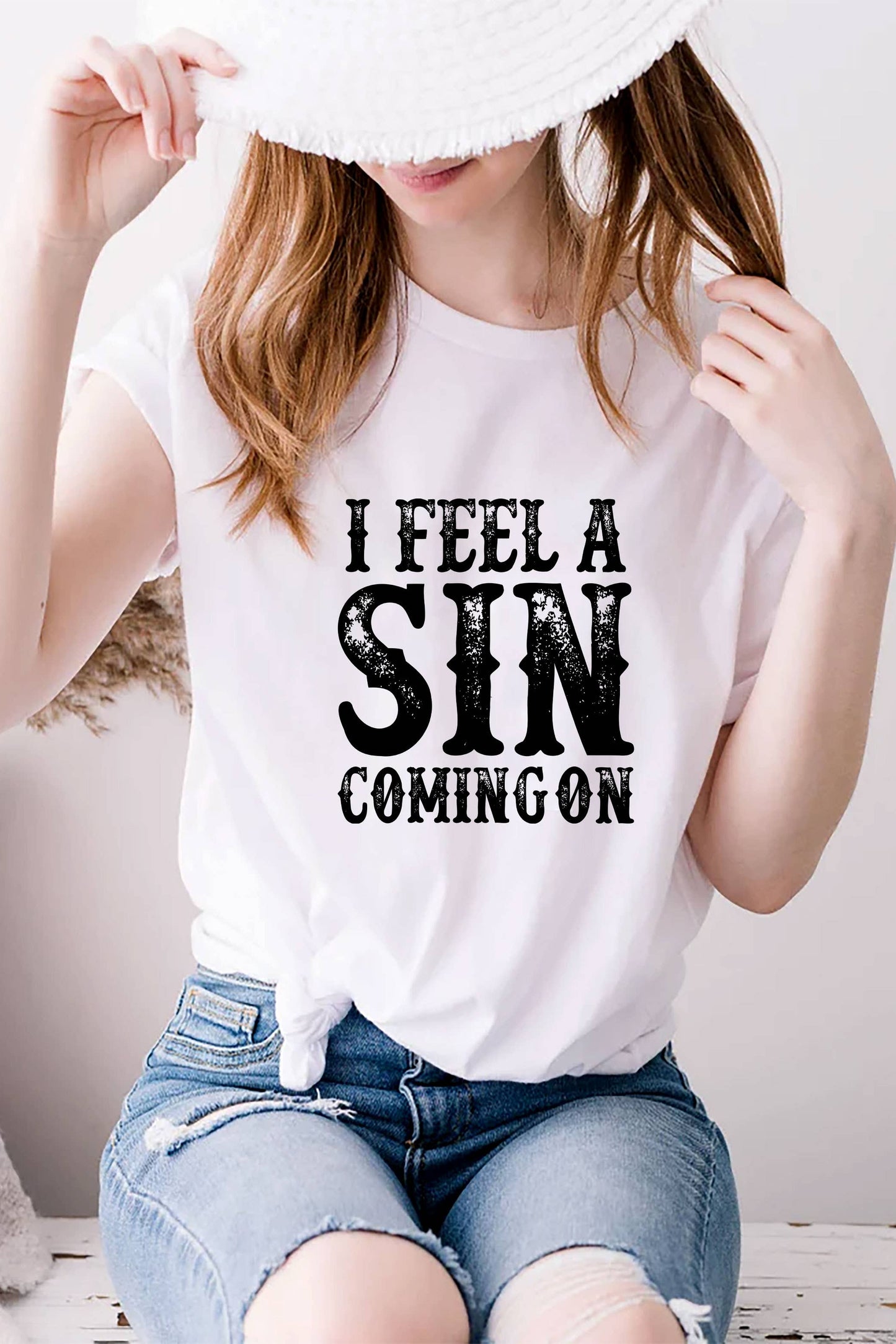 I Feel a SIN Coming On, small UNISEX Round Neck T-Shirt: Black / S