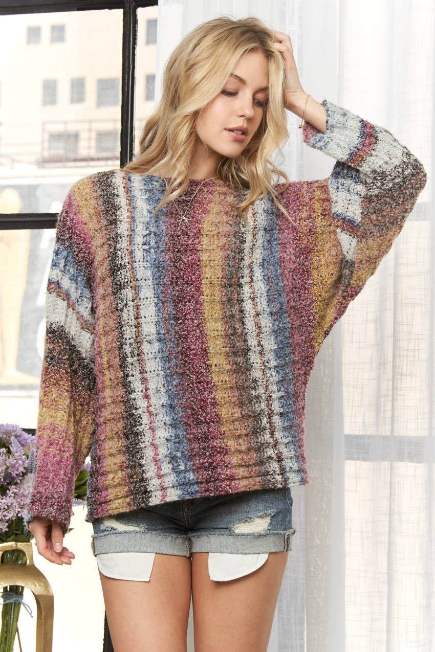 CESW3190 - BOAT NECK MULTI STRIPE SWEATER TOP