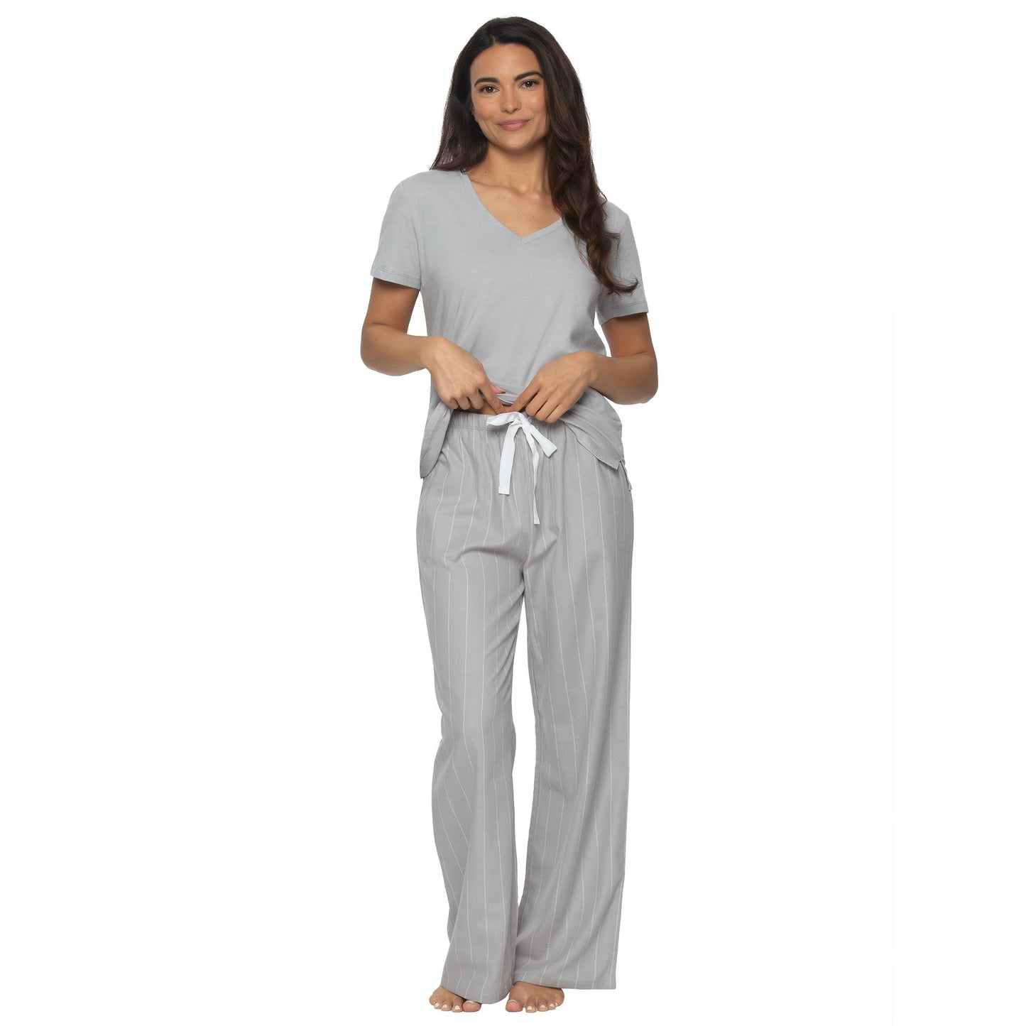 Mirielle Cotton Twill S/S V-neck and Pant PJ Set - Silver: Silver Sconce w White Pinstripe (SWP) / L