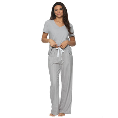 Mirielle Cotton Twill S/S V-neck and Pant PJ Set - Silver: Silver Sconce w White Pinstripe (SWP) / M