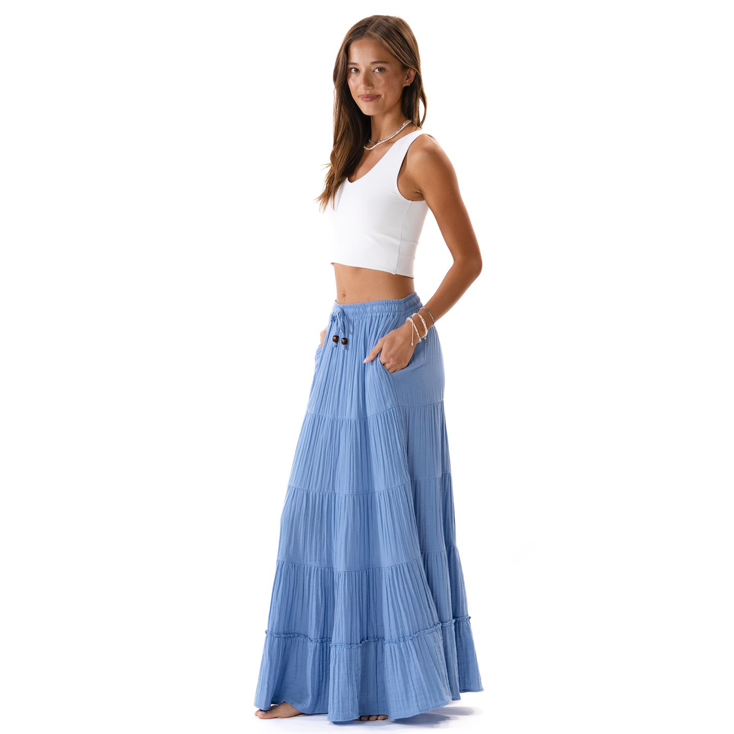 Denim Blue Shipwrecked Maxi Skirt with Bead