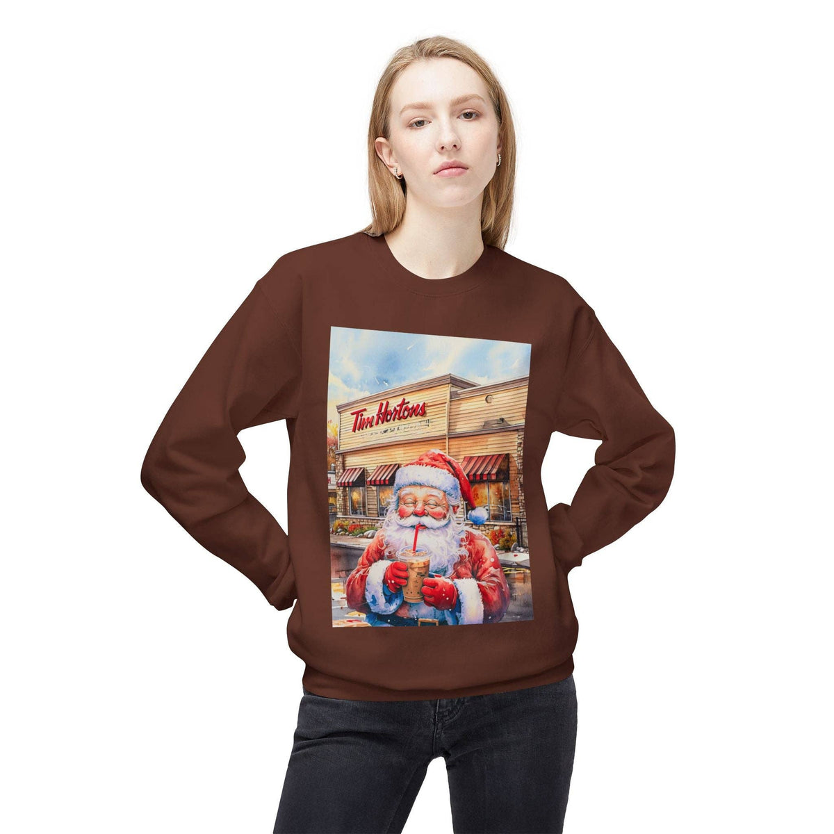 Santa with an Iced Coffee at Tim Horton's Cozy Unisex Christmas Crewneck Sweatshirt