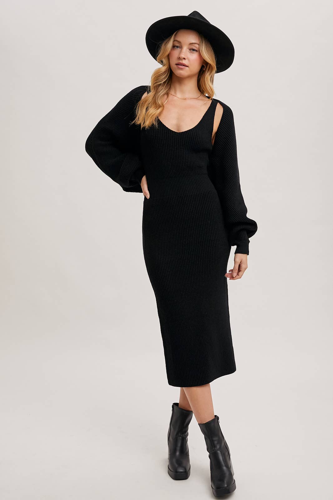 V-NECK KNIT MIDI DRESS AND KNIT SHRUG SET