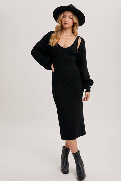 V-NECK KNIT MIDI DRESS AND KNIT SHRUG SET