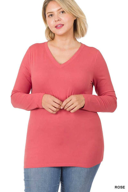Plus Size Brushed Microfiber Long Sleeve V-neck Tee