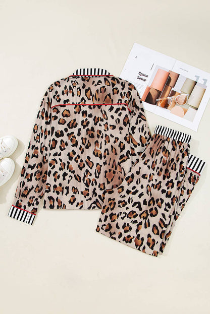 Leopard Print Striped Edge Shirt and Pants Pajama Set