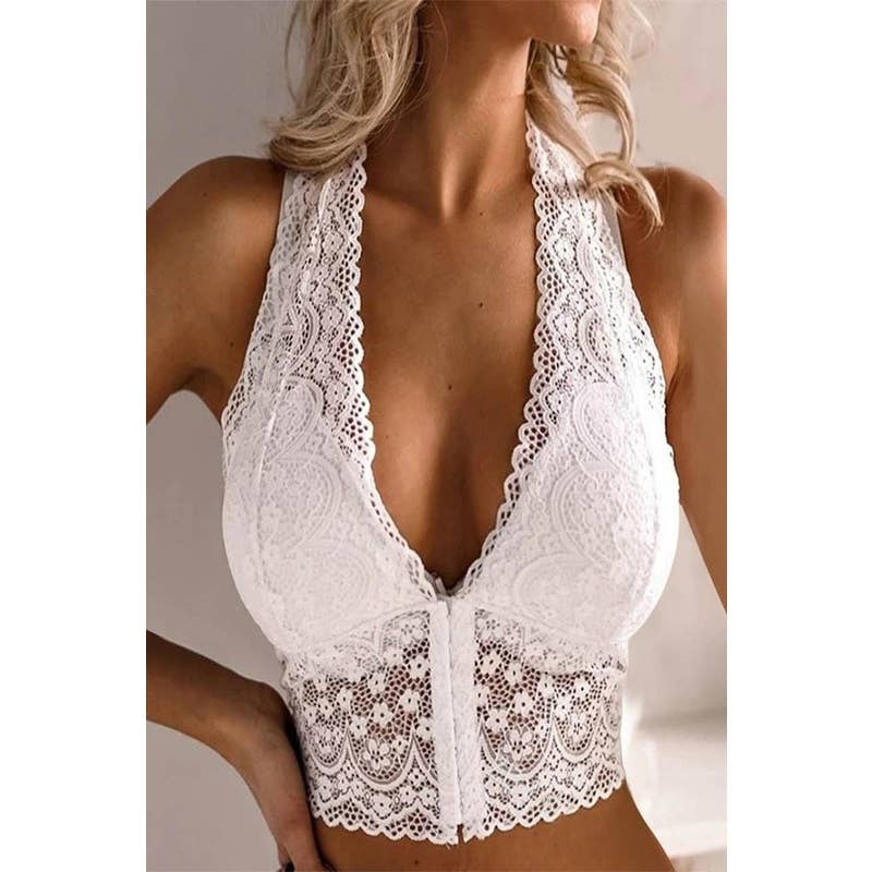 WOMEN FRONT CLOSURE LACE TOP PUSH UP BRALETTE: WHITE / M