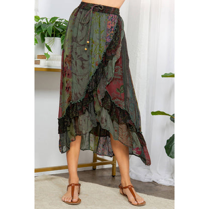 Boho Fusion: Ruffled wrapped look Fit&Flare Midi Skirt