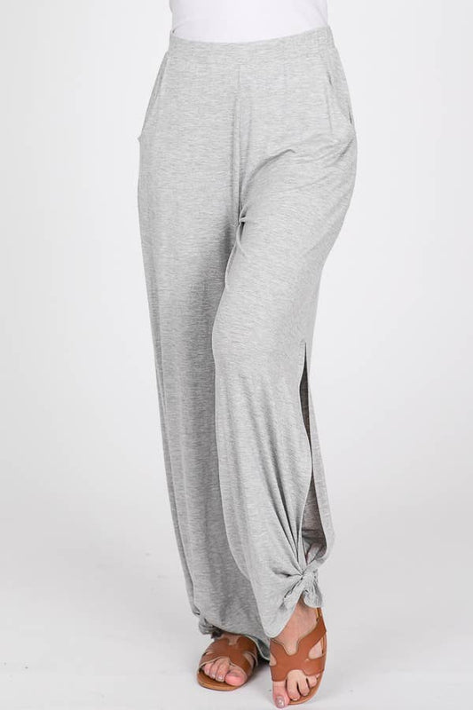 Solid Elastic Waist Side Slit Ankle Tie Pants P1462