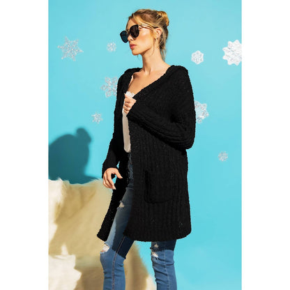RIBBED POPCORN KNIT LONG OPEN HOODIE CARDIGAN: Adobe / ML