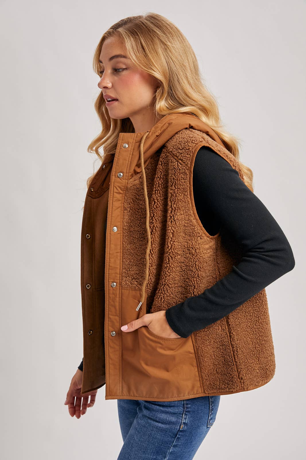 SHERPA FLEECE HOODED VEST WITH FAUX SUEDE INNER