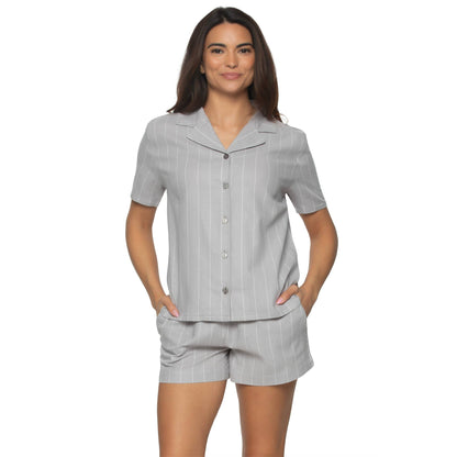 Mirielle Cotton Twill S/S Top & Shorts PJ Set - Silver