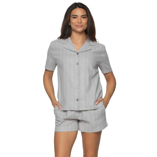 Mirielle Cotton Twill S/S Top & Shorts PJ Set - Silver
