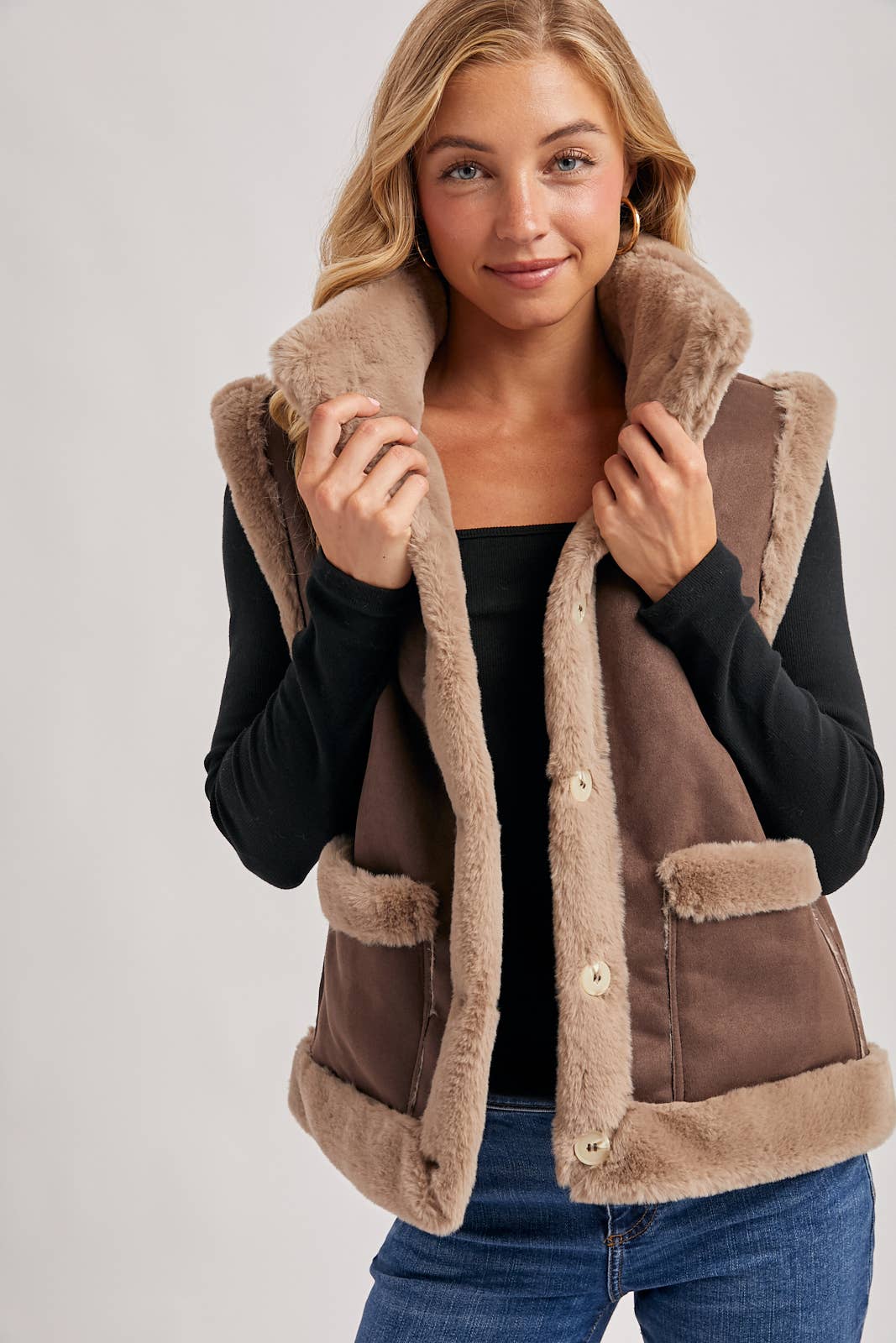 FAUX SUEDE WITH FAUX SHEARLING LINING TRIM VEST