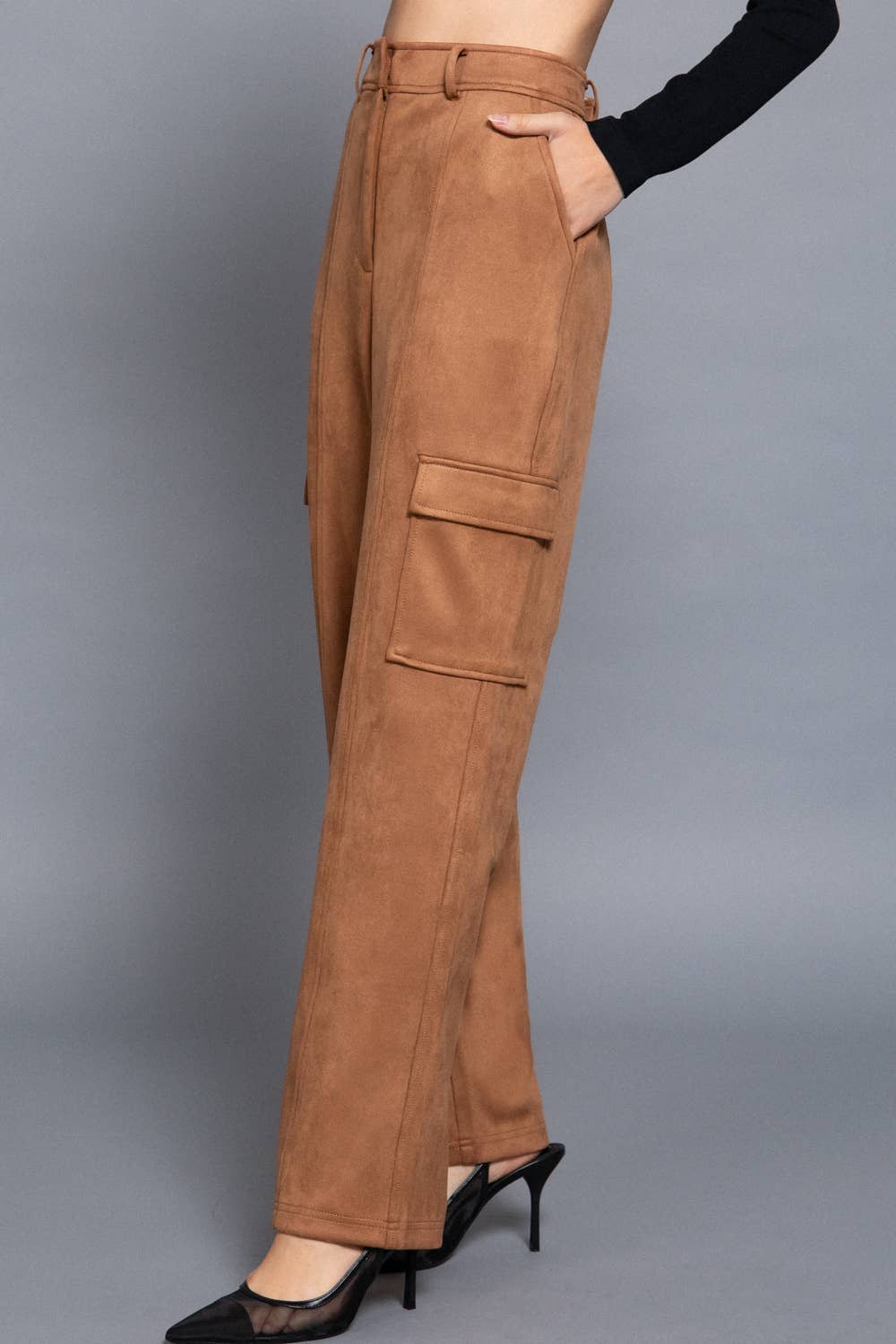 High Waist Straight Line Suede Cargo Pants